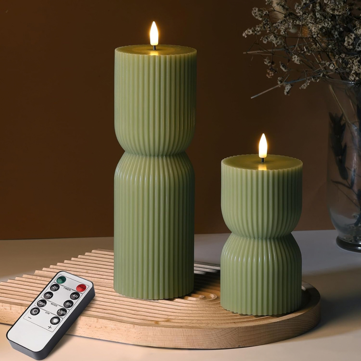 Olive Green Ribbed Flameless Pillar Candles