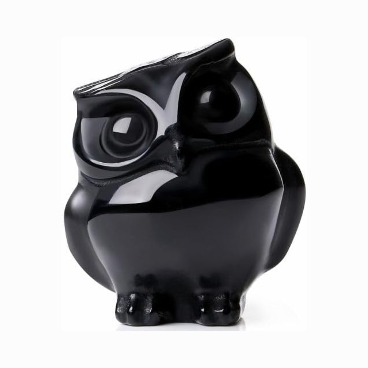 Natural Black Obsidian Stone Hand-Carved Polished Owl Statue