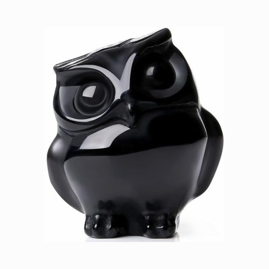 Natural Black Obsidian Stone Hand-Carved Polished Owl Statue